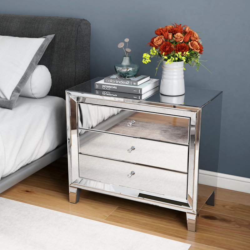 shyfoy Putnam 30" Mirrored Glass Nightstand with 3 Storage Drawers